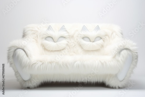 A white furry couch with two cats on it. photo