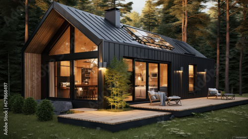 Exterior image of a contemporary home with flat roof and brown trim and lush green grass blue sky forest in the background furnished patio for outdoor dining and lounging