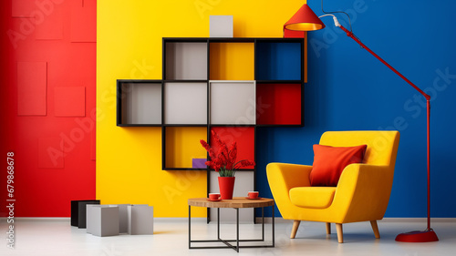 Yellow red lounge chair against multicolored decorative squares. Color block, suprematism style home interior design of modern living room, Generative AI photo