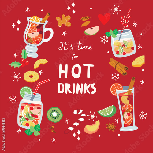 Winter hot seasonal drinks collection with hand lettering.Mulled winer,punch and sangria with fruits,red berry,cinnamon, anise, cloves, ginger, mint.Christmas party menu.Vector carton illustration.
