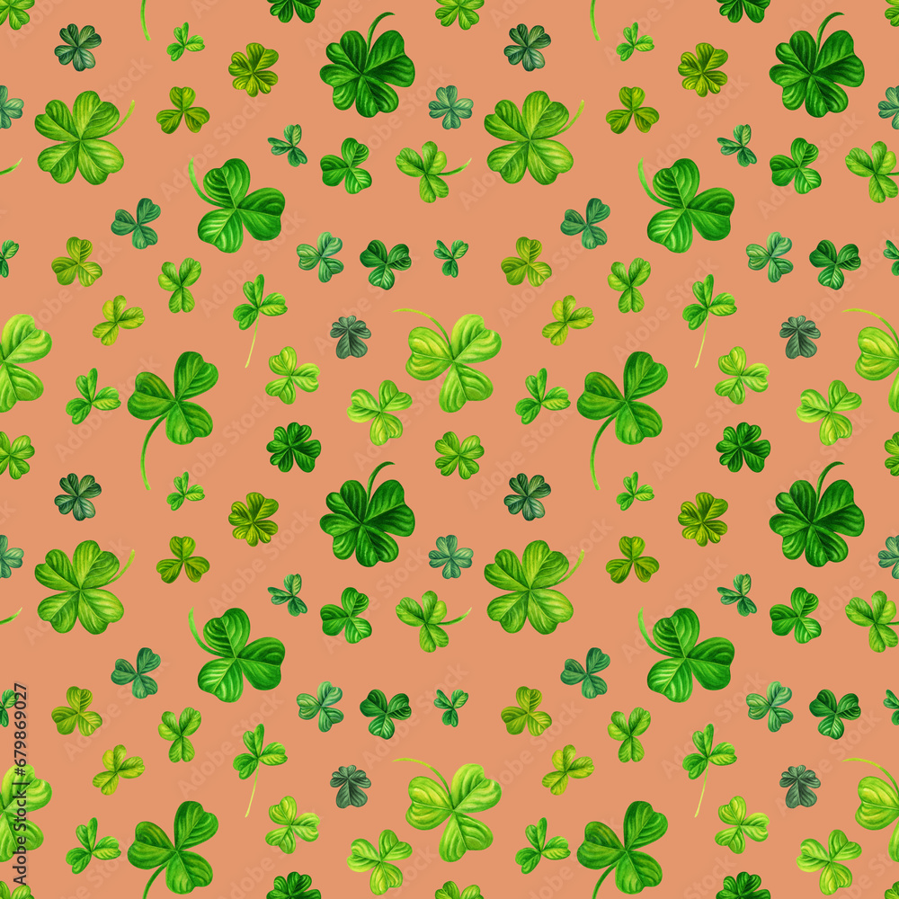 Watercolor seamless pattern with magic trefoil and four-leaf clovers. Illustrations with natural texture in vintage style isolated on white background Watercolor seamless pattern with magic trefoil and four-leaf clovers. Illustrations with natural texture in vintage style isolated on white background