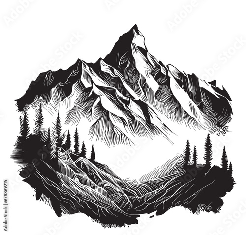 Mountains and trees nature hand drawn sketch in doodle style illustration