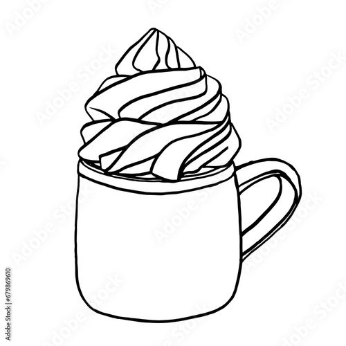 Hot drink chocolate cup with whipped cream. Hand drawn style doodle drawing black and white. Vector line art illustration coffee mug cute design. Winter season warm cocoa bar menu © Irina