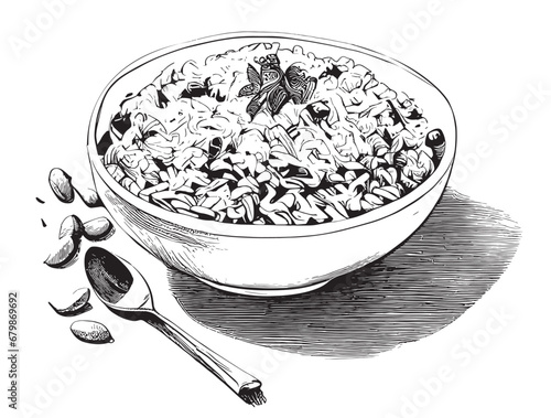 Pilaf rice with meat sketch hand drawn in doodle style illustration