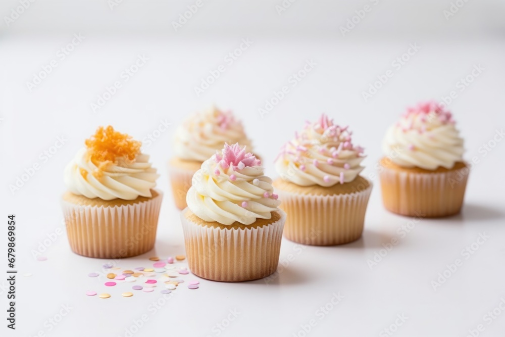 A group of cupcakes with white frosting and sprinkles.