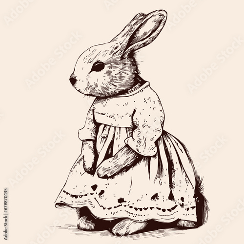 Rabbit in vintage dress sketch hand drawn in doodle style illustration