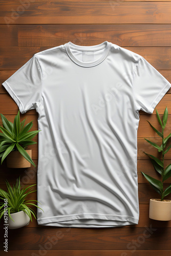 White T-Shirt Hanging on a Wooden Hanger.Generative Ai
