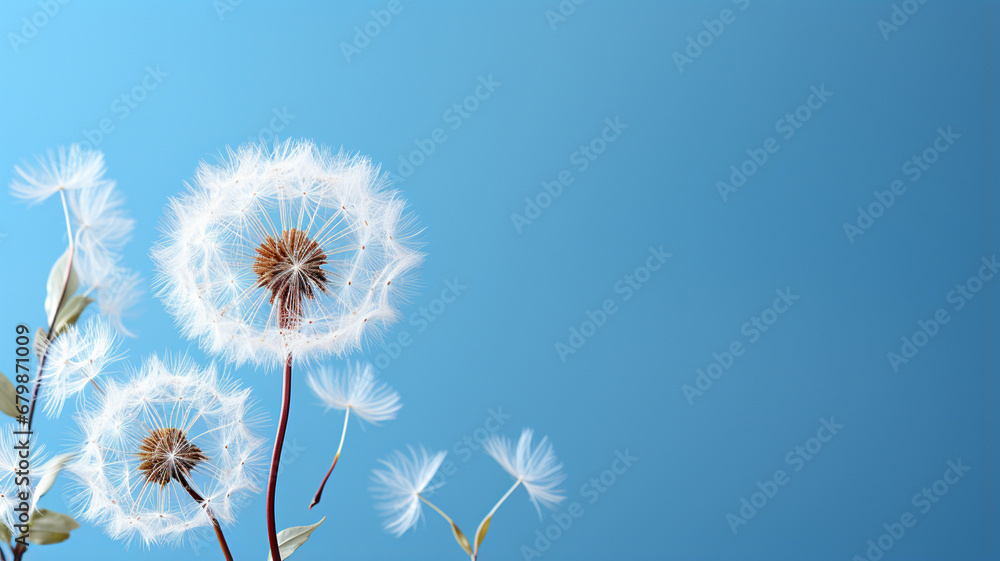 fluffy white dandelions on a blue background.