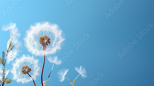 fluffy white dandelions on a blue background.