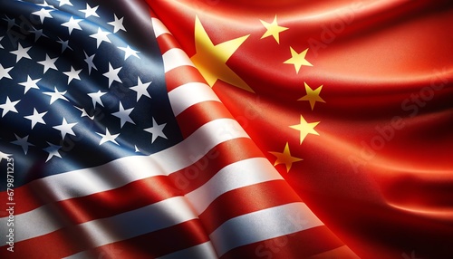 A vivid depiction of the US and Chinese flags intertwined, symbolizing international relations. photo