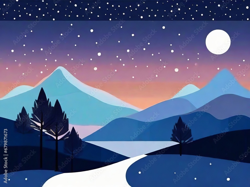 Fototapeta premium Snowy Night Illustration: Magical Winter View