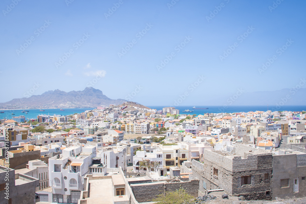 Landscape View to the main port and city, different house of Mindelo on the island of Sao Vicente, Cape Verde Islands, Africa