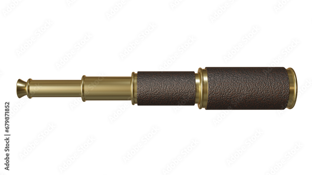 Brass antique monocular or spyglass isolated on transparent and white background. Optics concept. 3D render