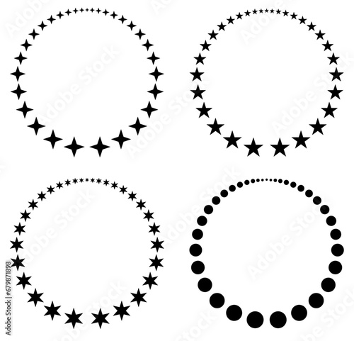 Set of four unusual vector round frames made from little different sized stars and dots