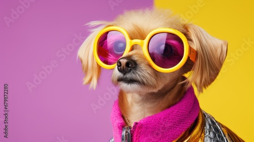 Dog wearing acoat and sunglasses on bright colored background with copy space © NAITZTOYA