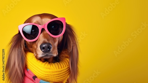 Dog with a scarf and sunglasses on bright colored background with copy space © NAITZTOYA