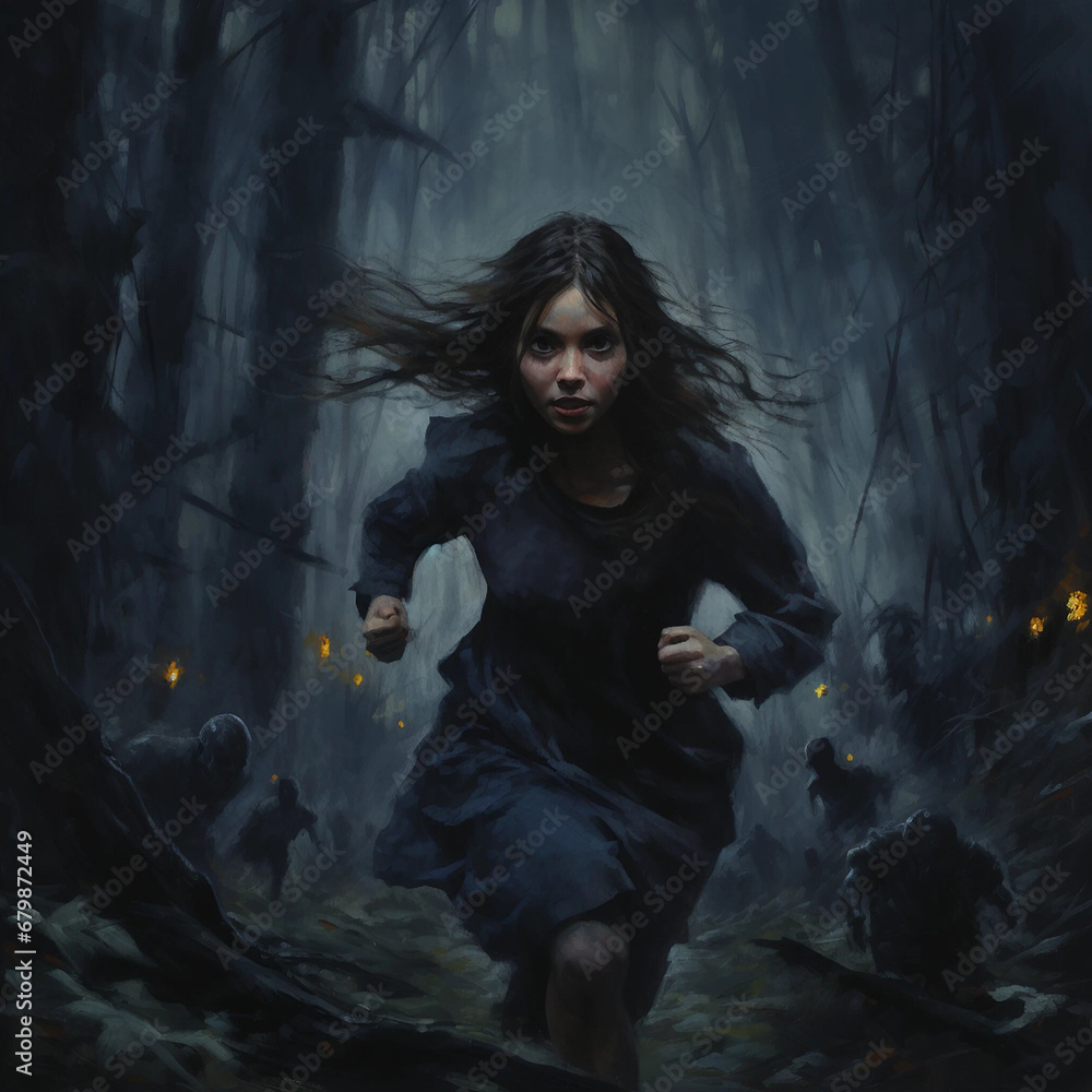 A Painting of a Girl Running Through a Dark Nightmare Forest While Being Chased By Creatures