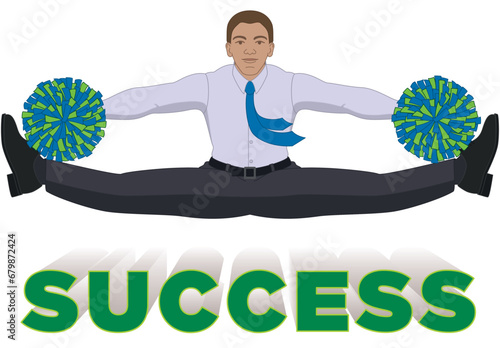 business man as cheerleader jumping high in air over success motivating and cheering isolated on a white background