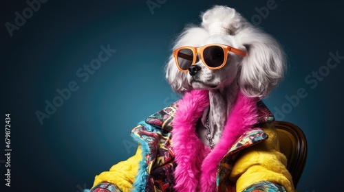 Dog wearing a coat and sunglasses with funny haircut on beight colored background with copy space