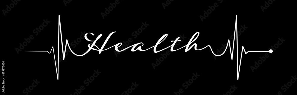 Continous draw stethoscope with health text, white ekg line design on black background. Healthcare symbol to use in health industry, cardiology, medical care, hospital, health science projects.