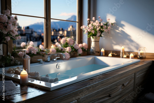 Bathtub filled with clear clear water in a modern room by the window with a view of the mountains