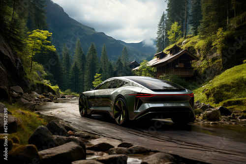 Electric car of the future rides on a mountain road © Sunshine