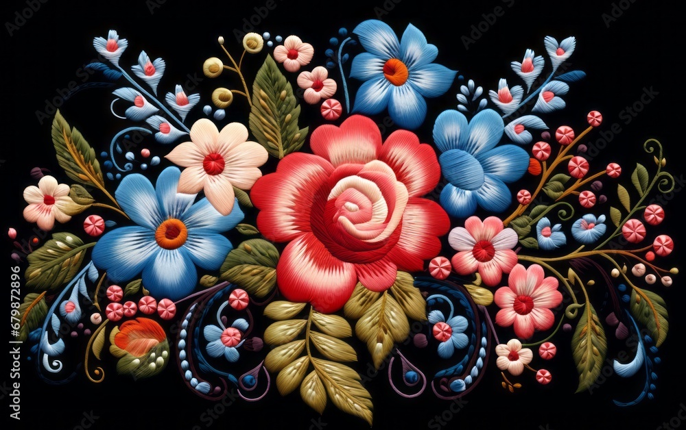 Vibrant Embroidered Floral Design on Black, Traditional Craft Artwork