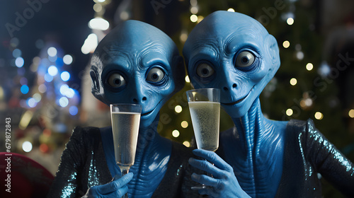 two happy aliens hold glass of champane on Christmas background photo