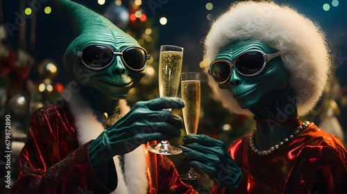 two happy aliens hold glass of champane on Christmas background photo