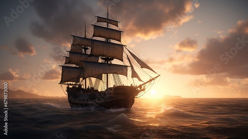 Pirate ship ocean sunset dynamic lighting openart digital painting photography image AI generated art