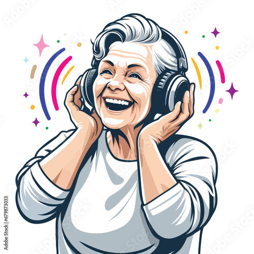 A cheerful grandmother listens to music in headphones, vector pattern on a transparent background.