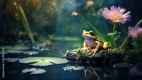 Green frog sitting at a pond created with Generative AI