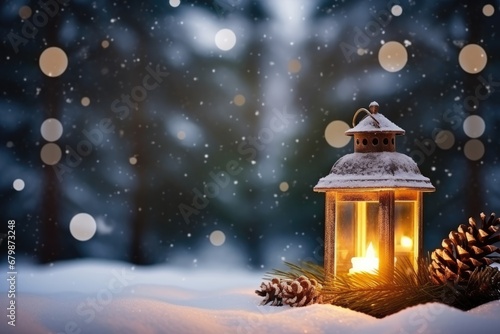 Christmas Lantern in forest, view from ground plane, copy space, blurred forest background © Anatolii