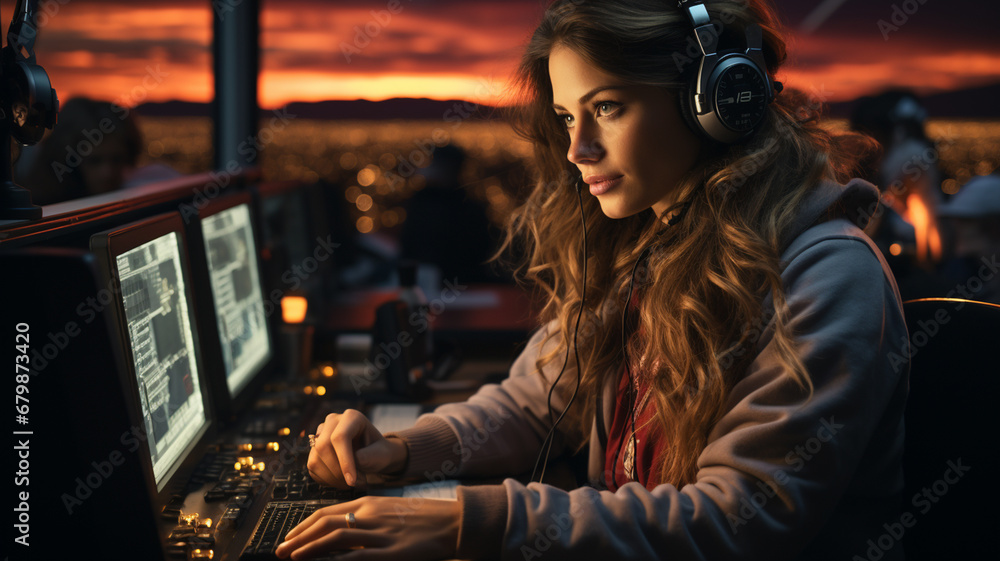 woman in headphones working on computer in dark room woman in headphones working on computer in dark room