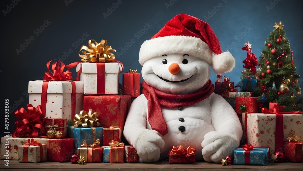 A jolly snowman wearing a Santa hat and surrounded by festive presents. Generative AI