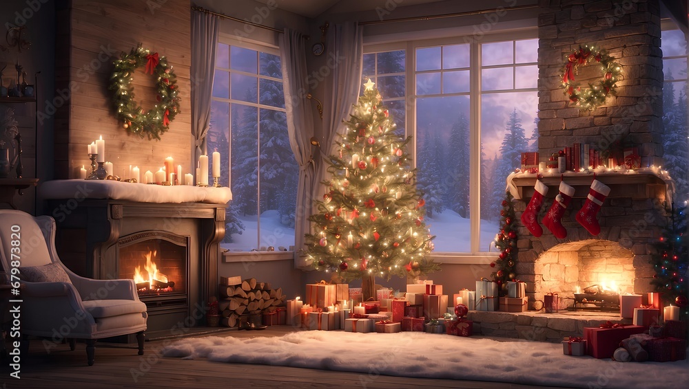 A winter wonderland scene with a glowing fireplace, stockings, and a decorated Christmas tree. Generative AI