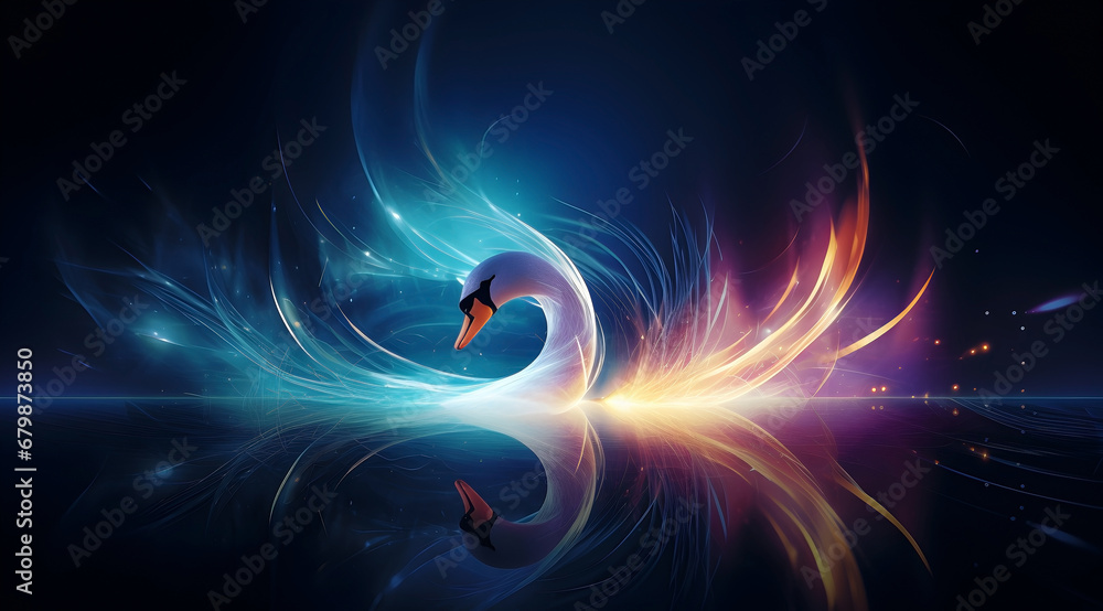 Obraz premium Swan in a magical vibrant abstract backdrop. Beautiful unique wallpaper. 