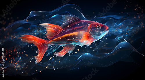 Glowing abstract fish with light trails in a serene underwater scene. Abstract wallpaper background.