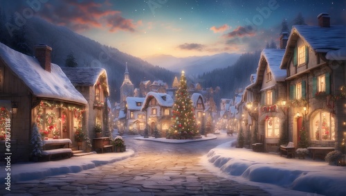 An enchanting scene of a quaint village celebrating Christmas with a magical light display. Generative AI