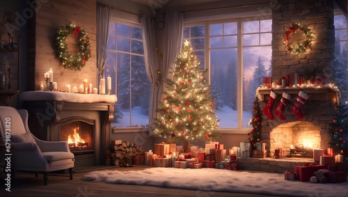 A winter wonderland scene with a glowing fireplace, stockings, and a decorated Christmas tree. Generative AI