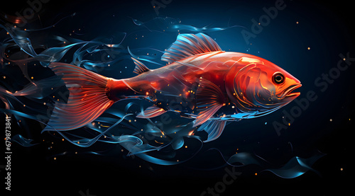 Glowing abstract fish with light trails in a serene underwater scene. Abstract wallpaper background.