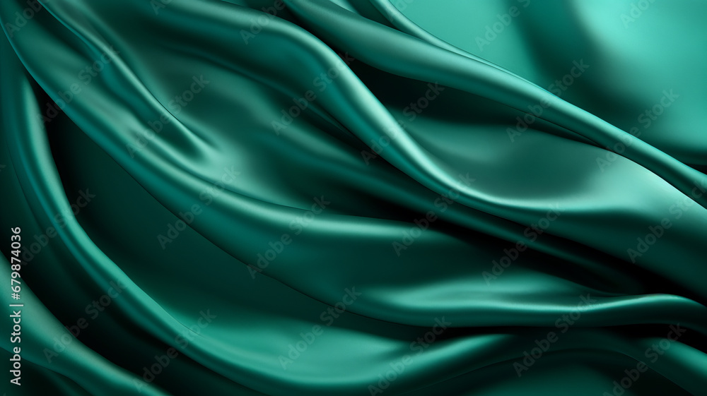 Obraz premium Beautiful background luxury cloth with drapery and wavy folds of green color creased smooth silk satin material texture. Abstract monochrome luxurious fabric background