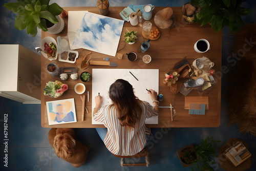 Junge Frau sitzt sitzt am Schreibtisch und arbeitet, Vogelperspektive, Konzept Home Office, Arbeiten von zuhause, erstellt mit generativer KI