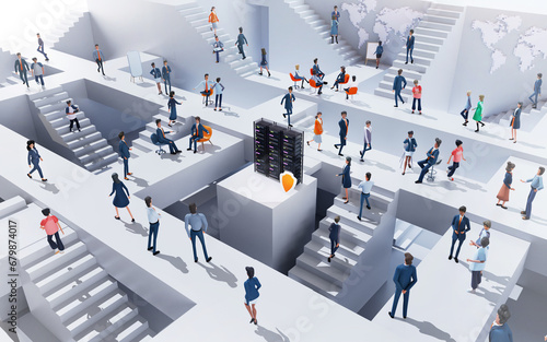 Business people collaborating on a project. Office workers are running up and down stairs in an abstract business environment around serve rack, business busy life, work together concept. 3D rendering photo