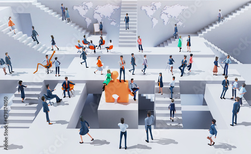 Business people collaborating on a project. Office workers are running up and down stairs in an abstract business environment around big puzzle piece, busy life, work together concept. 3D rendering