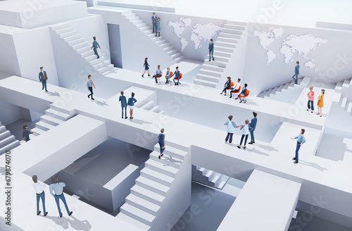 Lots of business people running up and down stairs in an abstract business environment, business busy life, working together concept. 3D rendering illustration photo