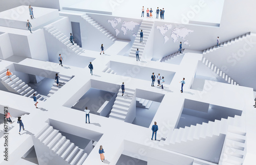 Lots of business people running up and down stairs in an abstract business environment, business busy life, working together concept. 3D rendering illustration photo
