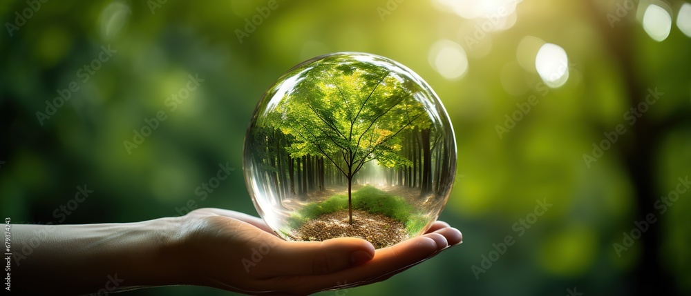 Human hand holding glass ball with tree inside. Environment conservation concept