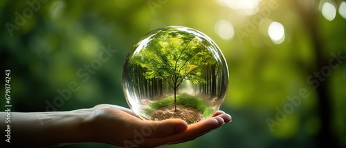Human hand holding glass ball with tree inside. Environment conservation concept