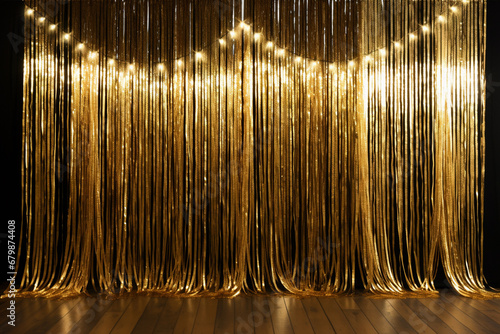Golden Christmas background with foil tinsel and lights photo